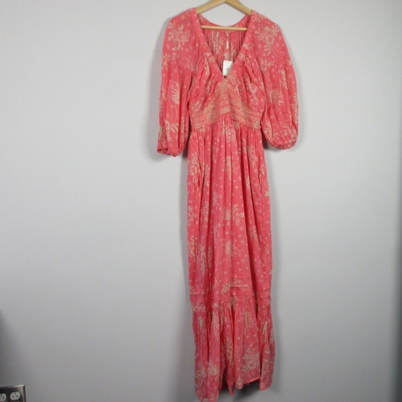 Free People Golden Hour Smocked Bodice Cotton Maxi Dress XS Pink Boho Summer 362 - Picture 1 of 13